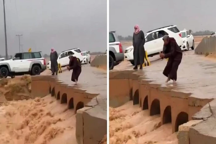 فيديو لخالد الزعاق يصور فيه بطريقة احترافية بداية اندفاع وجريان السيول بسبب الحالة المطرية